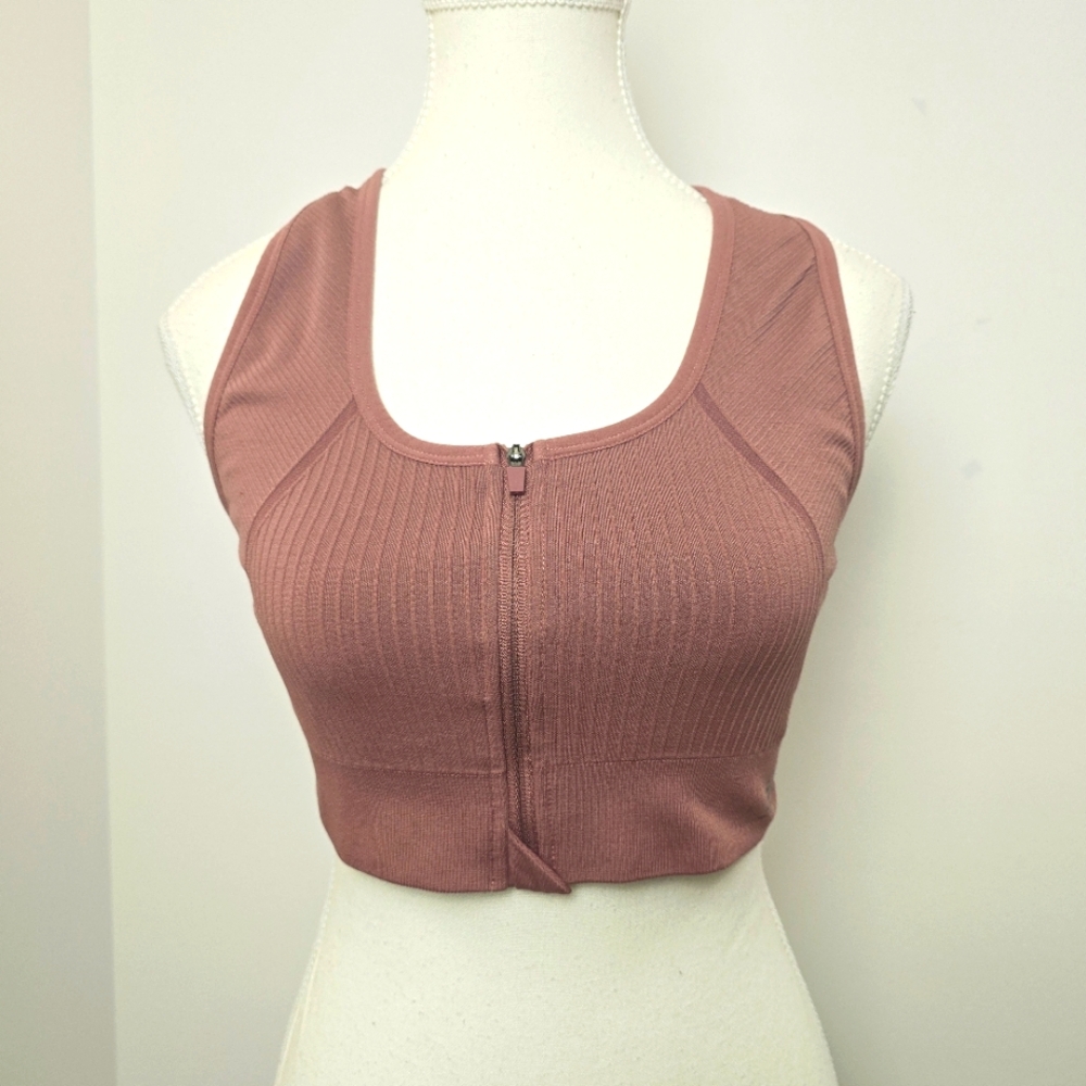 New Balance Zipper Front Ribbed Sports Bra in Mauve, Sz XL (PTP 14")